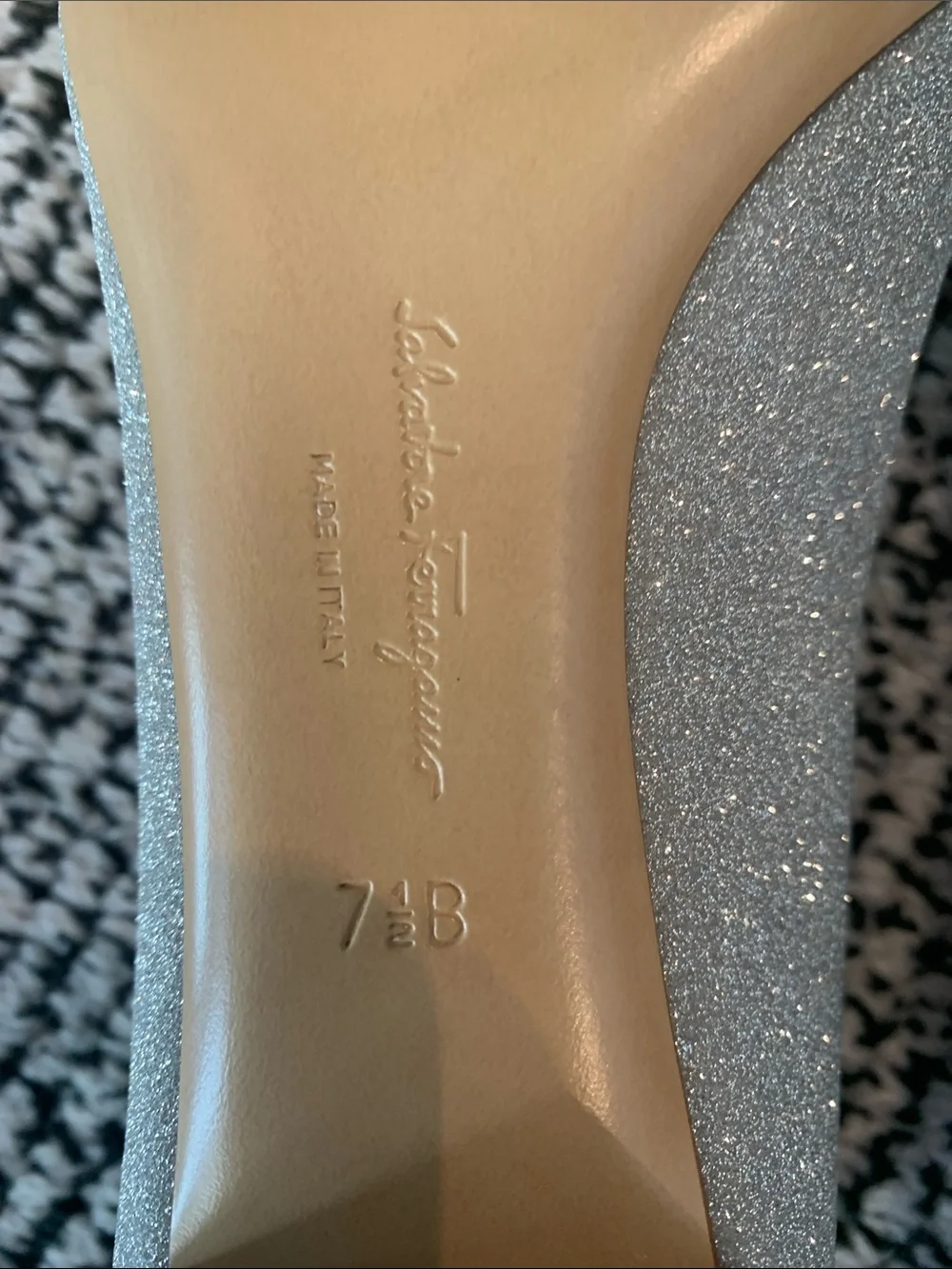 NWT Salvatore Ferragamo Silver Glitter Varina Bow Flats with Logo Plate 71/2